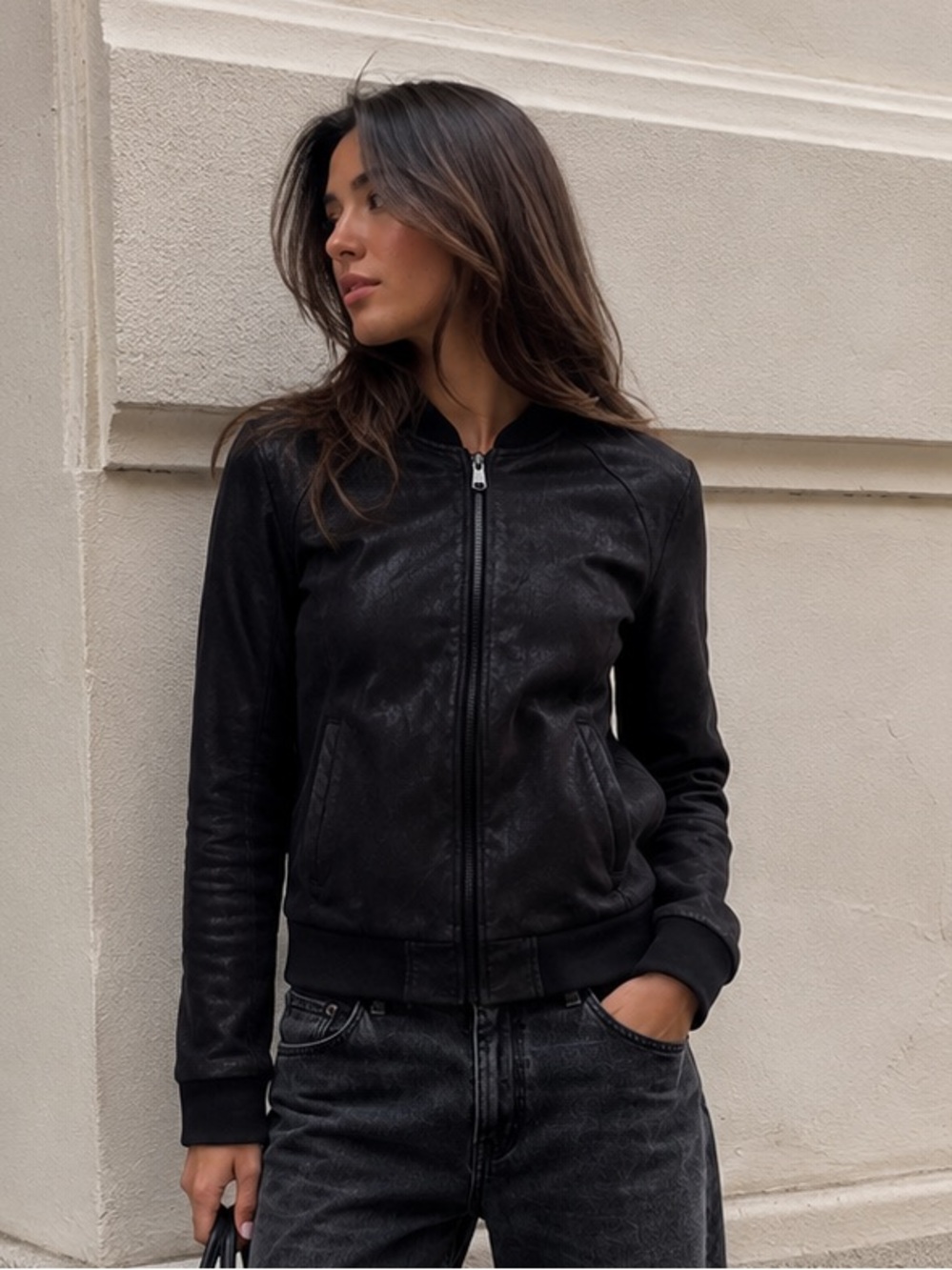 BNCI Faux Leather Bomber Jacket — Black